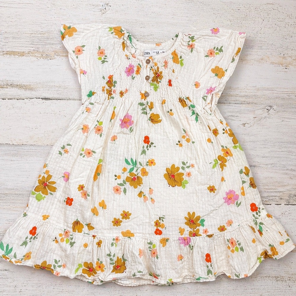 Zara Floral Muslin‎ Dress Kids Size 4-5 Cream Boho Smocked Flutter Sleeve